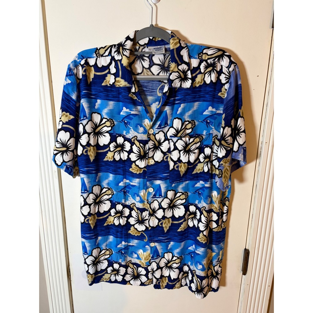 Koko Knot Mens Large Blue Hibiscus Floral Sailboat Surfer Hawaiian Camp Shirt
